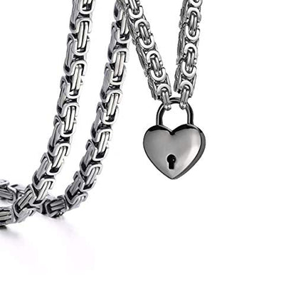 Heart Padlock Collar Stainless Steel Lock Necklace Byzantine Chain Necklace Locking Collar Choker for Men Women Jewelry - style: B
