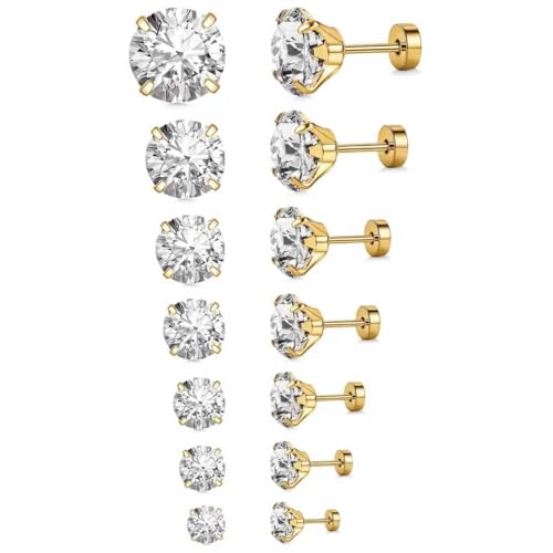 7 Pairs 20G Stainless Steel Stud Earrings Set Cubic Zirconia CZ Earrings Multi Size 2mm-8mm - color: golden, size: Elegant