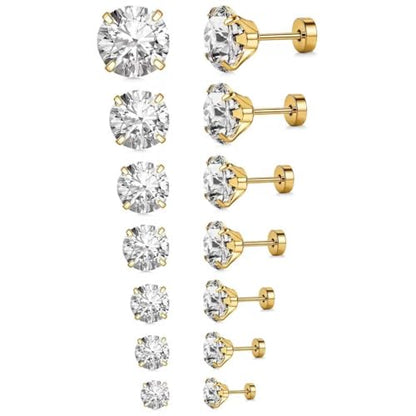 7 Pairs 20G Stainless Steel Stud Earrings Set Cubic Zirconia CZ Earrings Multi Size 2mm-8mm - color: golden, size: Elegant