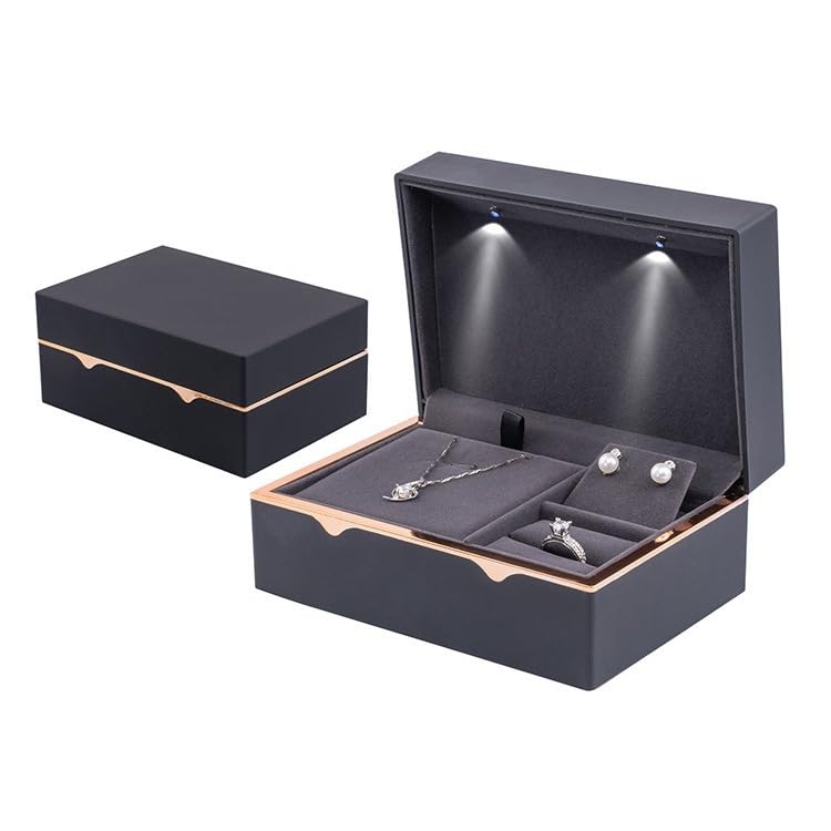 LED Jewelry Box – Storage Box for Bracelets, Rings & Necklaces – Jewelry Box with Light and Velvet Lining – Elegant Gift Box for Weddings, Birthdays, Valentine's Day, Christmas (Black) - color: Black