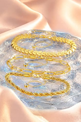 3 Pcs Gold Anklets for Women, 14K Gold Plated Stainless Steel Ankle Bracelets Set, Adjustable Leaf/Rope/Curb Link Chain Foot Jewelry for Summer Beach, Pool & Daily Wear, 8.27"+3.0"