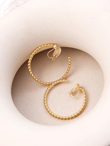 FAN&LOUIS 24K Gold Plated Hoop Clip On Earrings for Women, Gold Beaded Hoop Trendy Hypoallergenic Non Pierced Earrings Painless Lightweight 38mm Clip-On Earrings - style: Gold and Silver