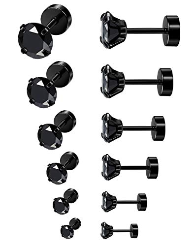 ORAZIO 6Pairs Hypoallergenic Flat Back Earrings 316L Stainless Steel Studs for Sensitive Ears, 3-8mm Cubic Zirconia, Stylish Jewelry for Women Men - Silver - color: Black Plated