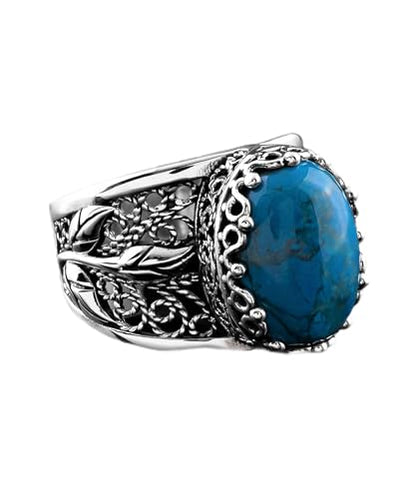 Filigranist 925 Sterling Silver Filigree Art Lace Embroidery Tulip Detailed Gemstone Women Cocktail Ring, Luxurious Gift Boxed - color: Turquoise