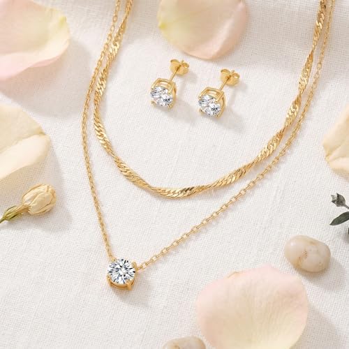 7-Piece Set 14K Gold Plated Jewelry Set Dainty Layered Necklaces CZ Stud Earring Huggie Hoop Earrings Chain Bracelets Gifts for Women - color: Style A-Gold-Necklaces Earrings