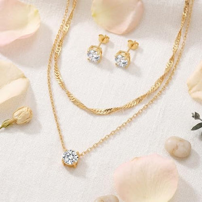 7-Piece Set 14K Gold Plated Jewelry Set Dainty Layered Necklaces CZ Stud Earring Huggie Hoop Earrings Chain Bracelets Gifts for Women - color: Style A-Gold-Necklaces Earrings