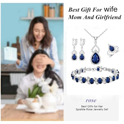 LMXXVJ Women Jewelry Set Platinum Plated Necklace Open Ring Earrings Bracelet Set,Birthday/Anniversary Mother’s Day Jewelry Gifts for Mom/Wife/Sister/Best Friend - color: blue