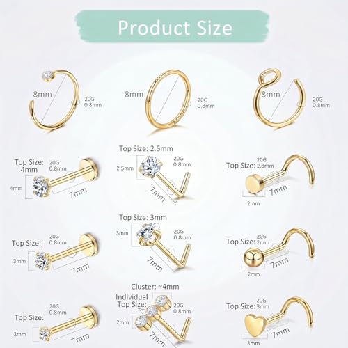 20G Nose Rings Hoop Set for Women, 12PCS Hypoallergenic Stainless Steel Comfortable for Ear Stack Daily Wear Dainty Non Tarnish Nose Hoop Stud Set, L Shaped CZ Threadless Flat Back Nose Stud Piercing Jewelry - color: 20G(0.8MM)-Gold
