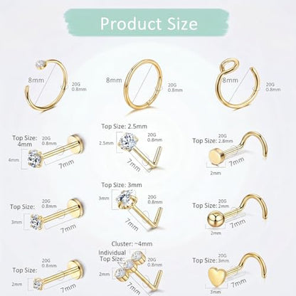 20G Nose Rings Hoop Set for Women, 12PCS Hypoallergenic Stainless Steel Comfortable for Ear Stack Daily Wear Dainty Non Tarnish Nose Hoop Stud Set, L Shaped CZ Threadless Flat Back Nose Stud Piercing Jewelry - color: 20G(0.8MM)-Gold