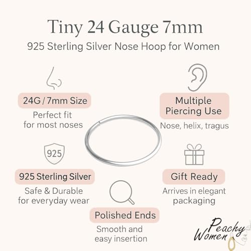 Silver Nose Ring - Tiny 24 Gauge Nose Hoops for Women - 925 Sterling Silver 7mm Nose Piercing Jewelry - Silver Nose Rings