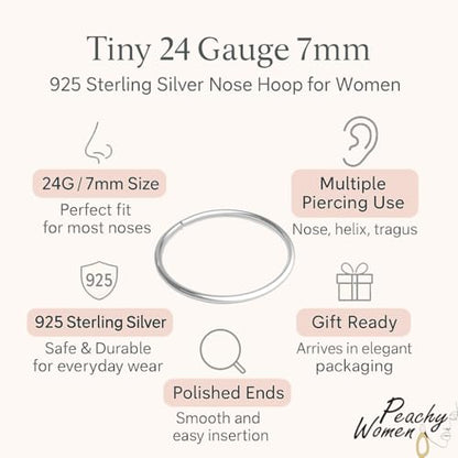 Silver Nose Ring - Tiny 24 Gauge Nose Hoops for Women - 925 Sterling Silver 7mm Nose Piercing Jewelry - Silver Nose Rings
