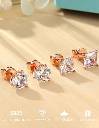 2 Pairs "STUNNING FLAME" 925 Sterling Silver 18K Real Gold Plated Stud Earrings for Women Men 5A Brilliant Princess Cut Round Cubic Zirconia - Hypoallergenic Large CZ Studs Earring Set 8 CTW (2ct*4) - color: 14K Rose Gold - 8.0 Carat(2.0ct*4)