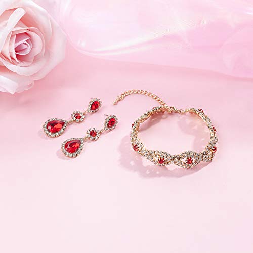Paxuan Silver/Gold Plated Bridal Wedding Rhinestone Earrings Bracelet Set for Wedding Brides Bridesmaids Crystal Stone Dangle Drop Earrings Link Tennis Bracelet Set for Women Wedding - color: Red - Bracelet and Earrings Set