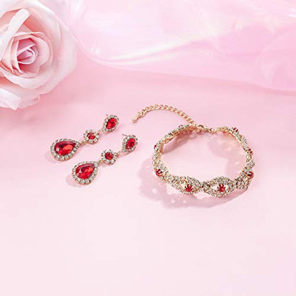 Paxuan Silver/Gold Plated Bridal Wedding Rhinestone Earrings Bracelet Set for Wedding Brides Bridesmaids Crystal Stone Dangle Drop Earrings Link Tennis Bracelet Set for Women Wedding - color: Red - Bracelet and Earrings Set