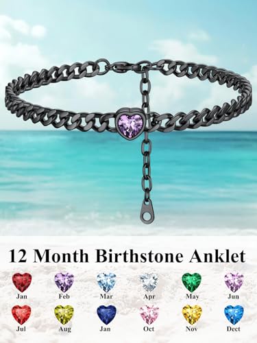 ChainsHouse Cuban Chain Anklets for Women with Heart Birthstone Jan - Dec | Stainless Steel Black Link Chain Ankle Bracelet with Birthstone, Beach Women Anklet 22cm-27cm Adjustable, with Gift Box - color: 02. Feb-Amethyst-Black