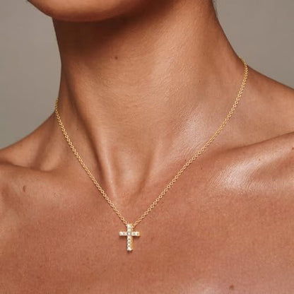 Cross Necklace for Women Dainty Small Cross Pendant Choker 14K Gold Plated Simple Trendy Cute Cross Charm Chain Necklace Easter Baptism Religious Faith Jewelry Gift - color: Zircon Cross-GD