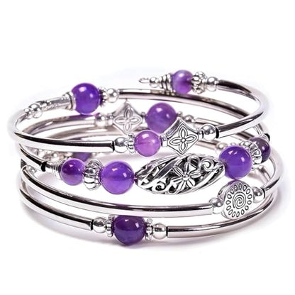 Boho Wrap Beaded Bracelet for Women – Handmade Natural Stone Jewelry – Stainless Steel Adjustable Ethnic Chic Gift - color: Amethyst