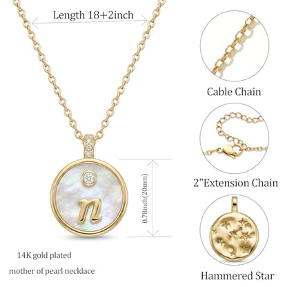 Initial Necklaces for Women Mother of Pearl Gold Letter Necklace Pendant - color: Letter N
