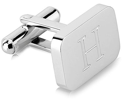 18K White-Gold Plated Initial Engraved Stainless Steel Men’s Cufflinks With Gift Box -Personalized Alphabet Letter’s A-Z By Lux & Pair - style: H- White Gold