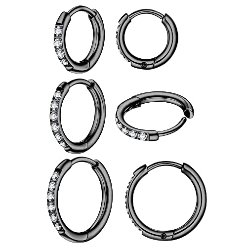 3 Pairs Huggie Hoop Earrings,Cartilage Hoop Earring Cubic Zirconia Cuff Surgical Stainless Steel Earrings - color: Black