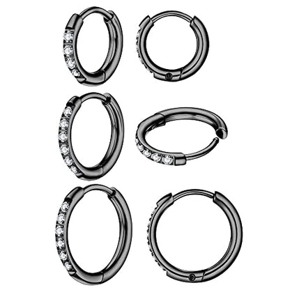 3 Pairs Huggie Hoop Earrings,Cartilage Hoop Earring Cubic Zirconia Cuff Surgical Stainless Steel Earrings - color: Black