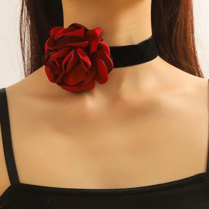 Rose Black Velvet Floral Choker Necklace - Camellia Daisy Rosette - Spring Summer Flower Jewelry - color: Red2