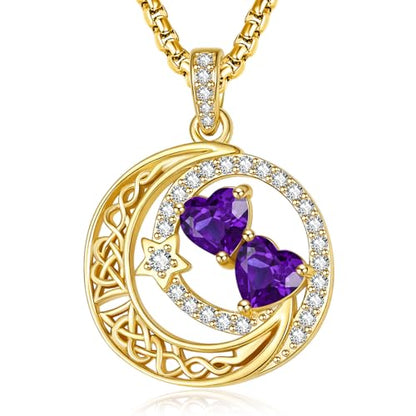 14K Gold Moon and Star Double Birthstone Necklace Gifts for Women | 2 Heart Birthstone Necklace,Mothers Day Wedding Anniversary Birthday Gifts for Wife Mom Daughter Grandma Sister - color: 02-02-Feb-Feb Birthstone