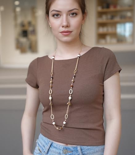 Long Gold Boho Necklaces for Women Beaded Statement Chain Long Necklace Gold Costume Jewelry Birthday Gifts for Her - color: Light Brown