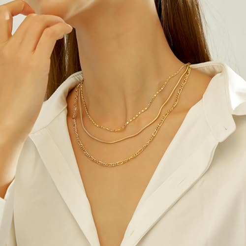 wgoud Gold Necklace for Women Waterproof,14K Real Gold Plated Herringbone Choker Necklace for Women Trendy, Dainty Gold Chain Necklaces Stack,Simple Layered Gold Necklaces for Women Jewelry Gifts - color: 3Pcs Gold Necklace A
