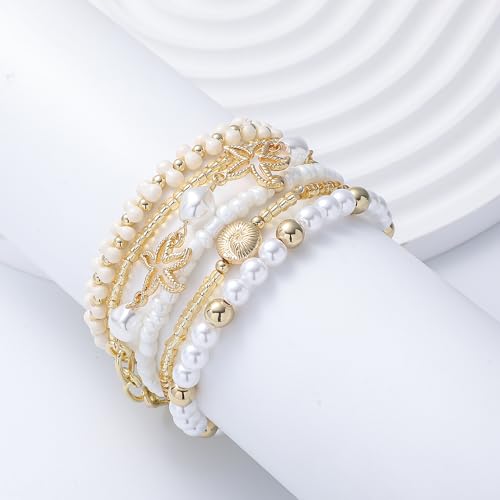 Summer Surfer Heishi Bracelet Set for Women Stackable Gold Plated Clay Ploymer Bead Stretch Pink Beach Layering Bracelets Jewelry - color: A-Starfish bracelet 6pcs