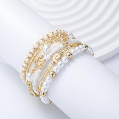 Summer Surfer Heishi Bracelet Set for Women Stackable Gold Plated Clay Ploymer Bead Stretch Pink Beach Layering Bracelets Jewelry - color: A-Starfish bracelet 6pcs
