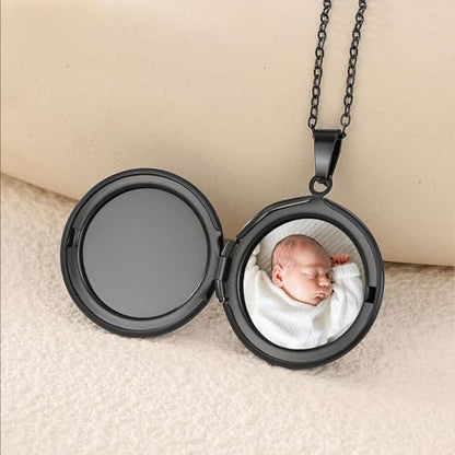 PHOCKSIN Personalized Locket Necklace for Women Photo Necklace with Customized Picture Birth Flower Birthstone Customizable Birthday Gifts - color: #15-Round Black