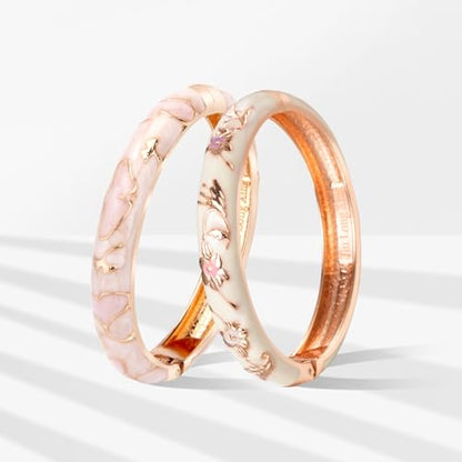 UJOY Cloisonne Bracelet Butterfly Hinge Indian Cuff Bangle Enameled Jewelry Flower Bracelets for Women Gift Box 55A114 - color: A45-2 Pcs/Set-Pink and White