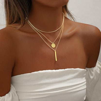 Gold Necklace for Women 14K Gold Plated Layered Cross Bar Necklace Herringbone Figaro Paperclip Flat Chain Cute Charm Accessories Non Tarnish Jewelry Set Gifts for Women - style: R-NK-07-Disc bar-GD