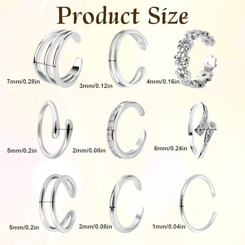 Mikovivi 9pcs Toe Rings for Women, 9 Styles Non Tarnish Adjustable CZ Flower Hug Band Open Toe Rings Set Dainty Foot Jewelry Accessories for Women Summer Beach Party - color: Silver