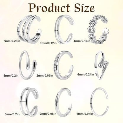 Mikovivi 9pcs Toe Rings for Women, 9 Styles Non Tarnish Adjustable CZ Flower Hug Band Open Toe Rings Set Dainty Foot Jewelry Accessories for Women Summer Beach Party - color: Silver