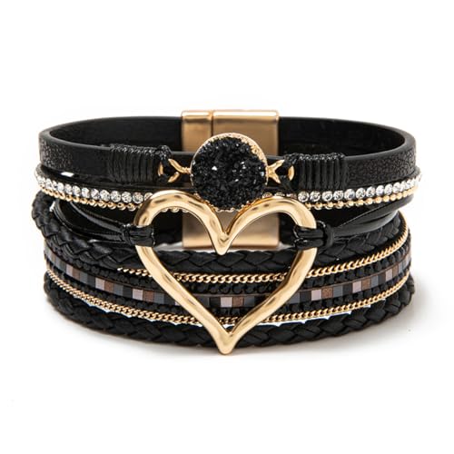 Rantanto Leather Wrap Bracelets For Women Gold Twist Lock Buckle Wrist Cuff | PU leather,Skin-friendly,Boho Stackable Wristband,Fashion Daily Jewelry,Trend Casual Party Bangle,Fit For Birthday, Holiday - color: Heart Black