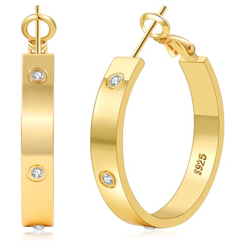 5MM Wide 925 Sterling Silver Post Hoop Earrings Hypoallergenic Lightweight | Sparkly 14K Gold Plated Large Rhinestone Hoop Earrings Big Cubic Zirconia Earring Hoops for Sensitive Ears 30/40/50/60/70MM - color: 30mm Gold