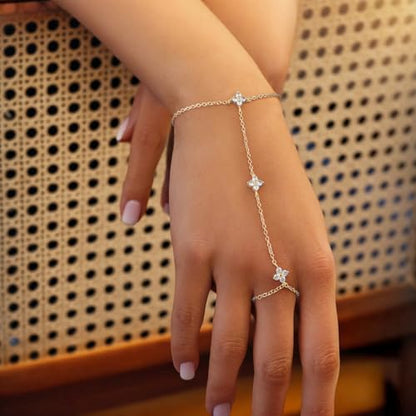 Emibele Gold Bracelets for Women, 18K Gold Plated Hand Chain, Cubic Zirconia Stainless Steel Non Tarnish Hand Chain Bracelet with Finger Ring, Adjustable Trendy Jewelry Valentines Day Gifts for Women - style: Four Leaf Flower
