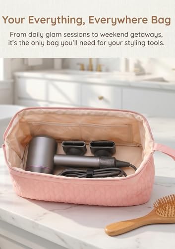 TeeYee Nylon Hair Tools Travel Bag for Dyson Airwrap Quilted Toiletry Bag | Travel Storage Bag for Shark Flexstyle/Curling Iron,Water-repellent,Wide-open,Well-structured,Heat-safe lining,002pink - color: 002Pink