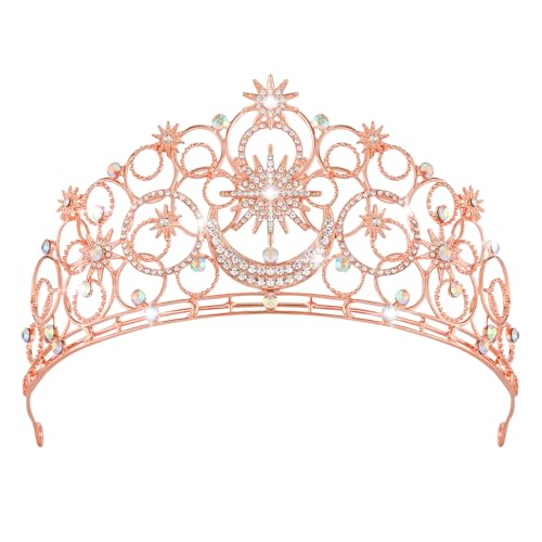 Crystal Crowns for Women, Crystal Bubble TiaraBride Royal Queen Headband Princess Headpieces for Women Bridal Wedding Prom Birthday Party Crowns - color: Rose Gold Star & Moon Crown