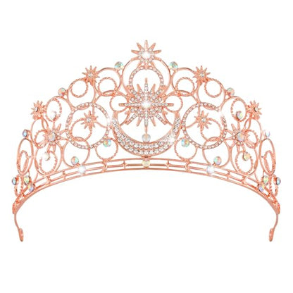 Crystal Crowns for Women, Crystal Bubble TiaraBride Royal Queen Headband Princess Headpieces for Women Bridal Wedding Prom Birthday Party Crowns - color: Rose Gold Star & Moon Crown