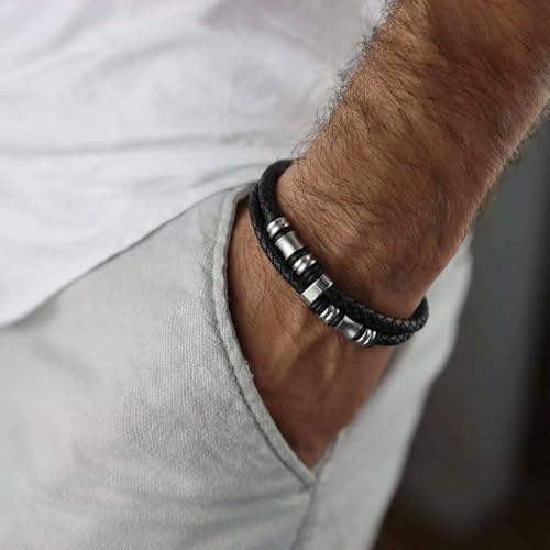 COOLSTEELANDBEYOND Mens Double-Row Braided Leather Bracelet Bangle Wristband with Black Stainless Steel Ornaments - color: B-Black Silver