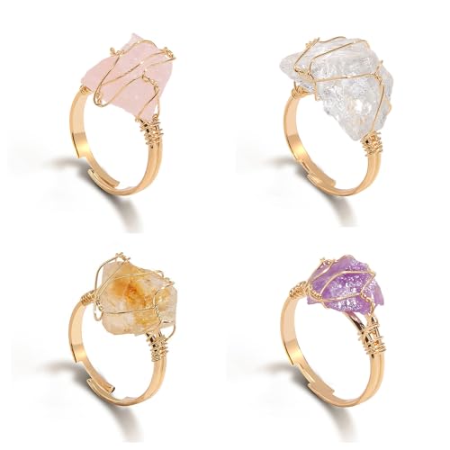 4 PCS Chakra Crystal Rings, Adjustable Wire Wound Healing Crystal Rings, Irregular Color Gemstone Statement Rings for Women