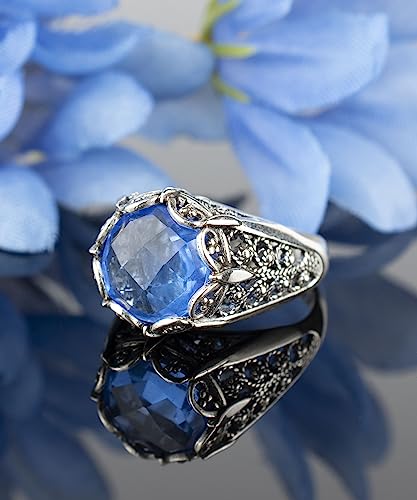 Filigranist 925 Sterling Silver Filigree Art Women Mini Dome Cocktail Ring with Gemstone, Gift Boxed - color: Blue Quartz