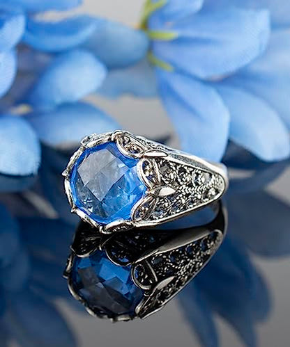Filigranist 925 Sterling Silver Filigree Art Women Mini Dome Cocktail Ring with Gemstone, Gift Boxed - color: Blue Quartz