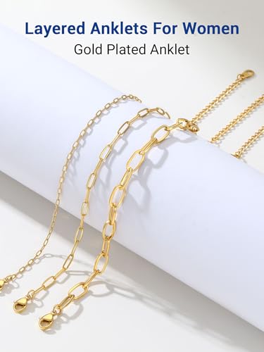 PROSTEEL Ankle Bracelets for Women, Silver/Gold/Black, Waterproof Anklets | Waterproof, Stainless Steel, Summer Beach Jewelry, Durable & No Tarnish, Come with Gift Box, 8-10.5" Adjustable, Plus Size - color: L: gold-paperclip chain(3pcs)