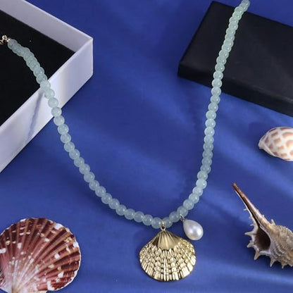 Fish Shell Necklace for Women, Beaded Necklaces Boho Statement Necklace, Pearl Necklaces Summer Beach Vacation Dress & Costume Jewelry - color: Light Green-shell