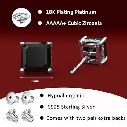 Asscher Cut Cubic Zirconia Stud Earrings for Men Women | Square CZ Simulated Diamond Studs, 18K White Gold Plated Sterling Silver - color: Black, size: 6MM