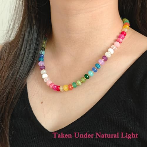 Boho Gemstone Beaded Necklace for Women – Colorful Natural Stone Choker 18K Solid Heart-Shaped Pendant, Summer Beach Jewelry - color: All things cute